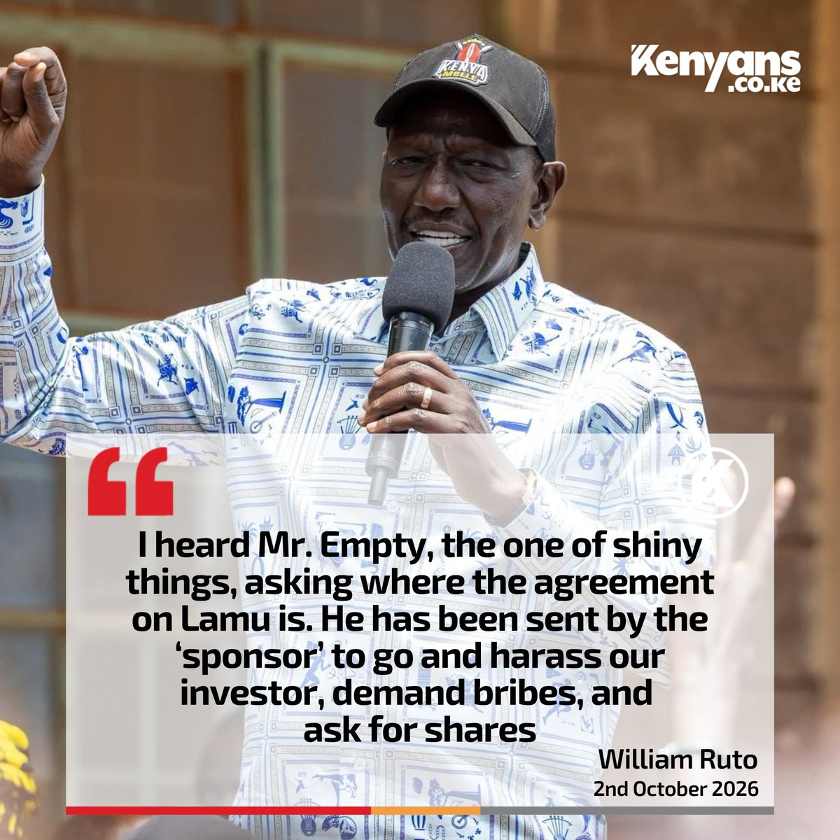 Kenyans's tweet photo. Mr. Empty, the one of shiny things, has been sent by the 'sponsor' to go and harass our investor, demand bribes, and ask for shares - Ruto https://t.co/0i5gSBulsQ