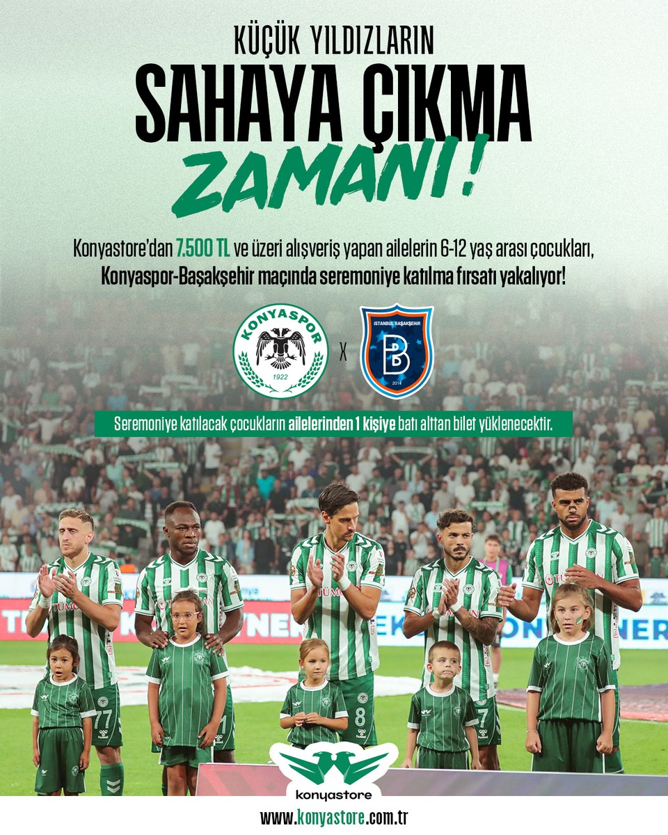 Konya_Store's tweet photo. Küçük Yıldızların Sahaya Çıkma Zamanı! 💚🤍Konyastore'dan 7.500 TL ve üzeri alışveriş yapan ailelerin 6-12 yaş arası çocukları, Konyaspor - Başakşehir maçında seremoniye katılma fırsatını yakalıyor! 💚🤍
Detaylar: https://t.co/rX63qDBBRM
0 (552) 041 1922
#konyaspor #konyastore https://t.co/7aJ37QrHyc