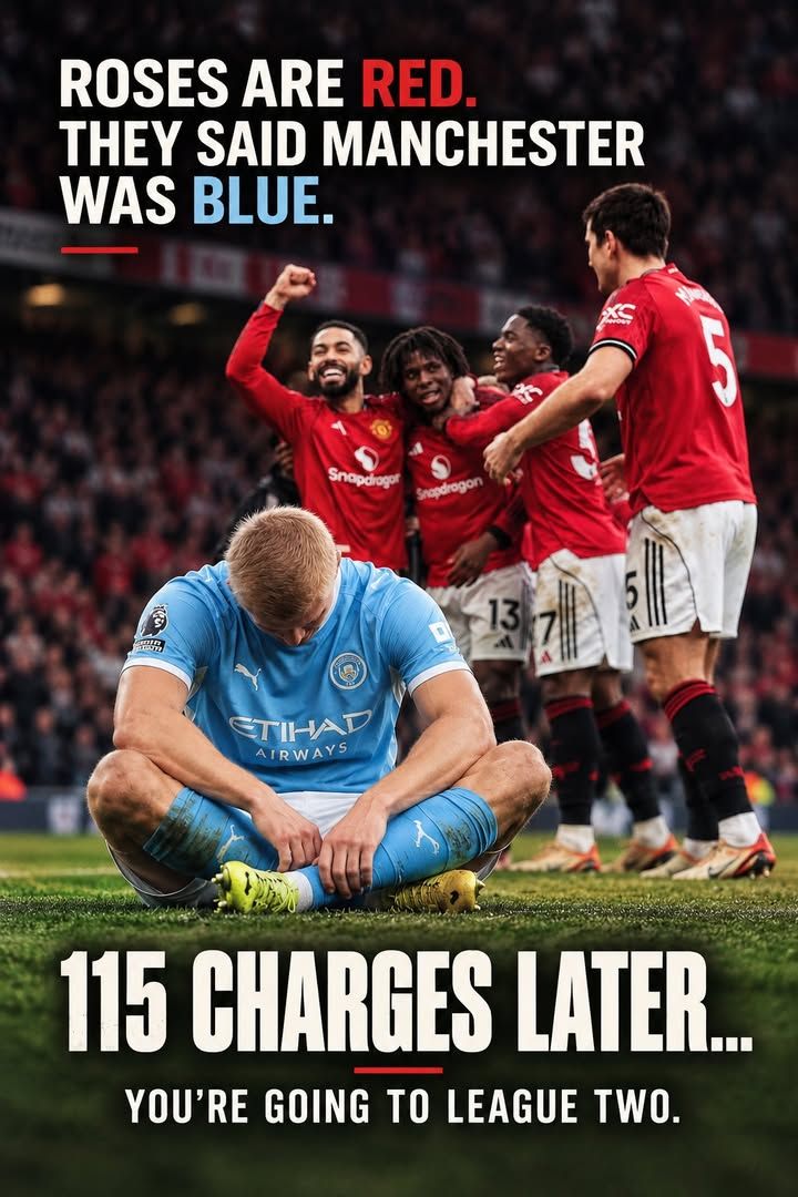 FootballFunnys's tweet photo. Someone’s written a little poem for us all… 😂👀

“Roses are red,  
They said Manchester was blue,  
115 charges later,  
They’re heading to League Two.” 🤣 https://t.co/nVx2RiZ8zO