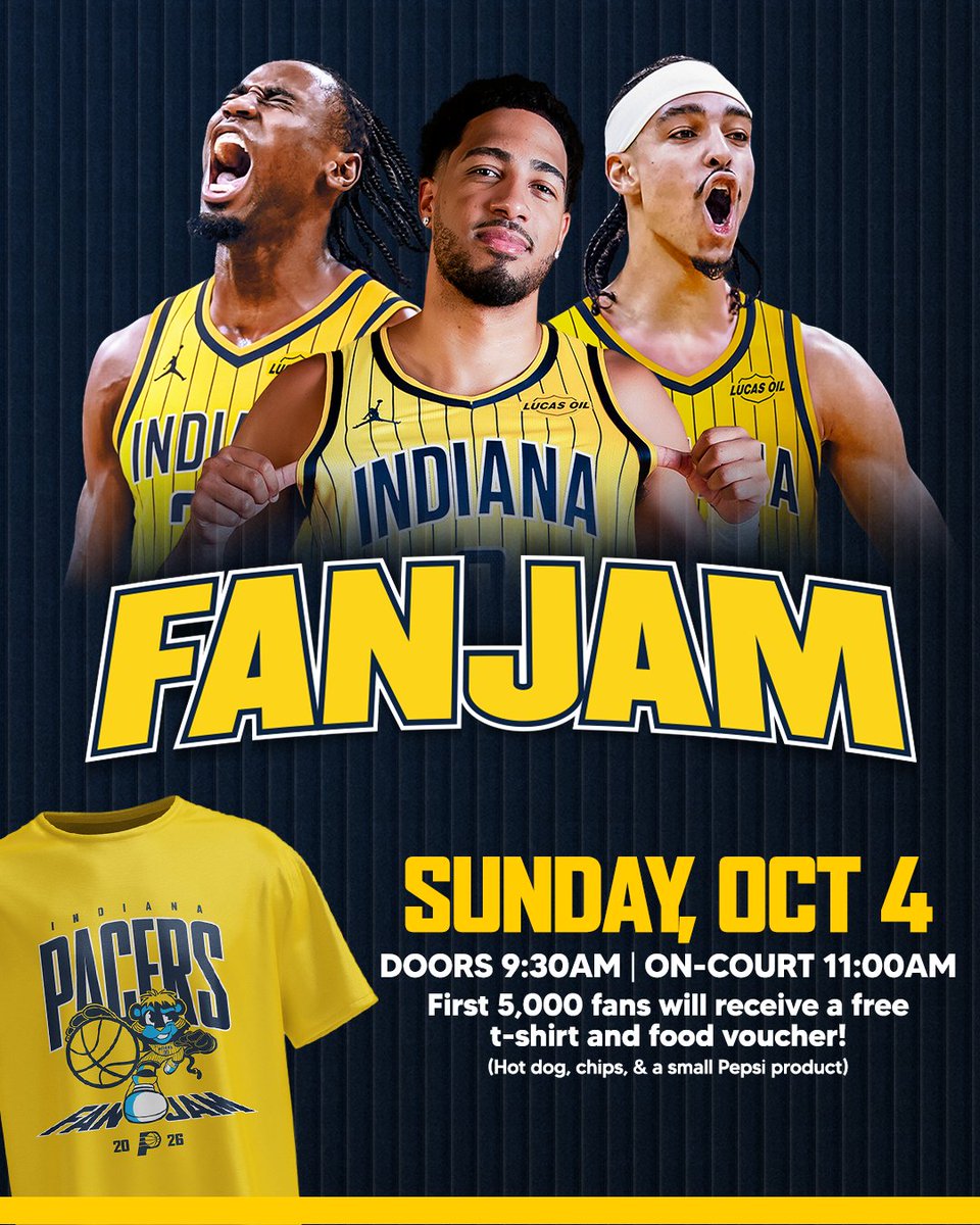 Pacers's tweet photo. There's no better time than FanJam 🎉

FanJam is this Sunday at @GainbridgeFH. Complimentary tickets will be available starting at 10am ET tomorrow (6 ticket limit per person).

Learn more: https://t.co/A9kph8mRMz https://t.co/4bc7cLABan