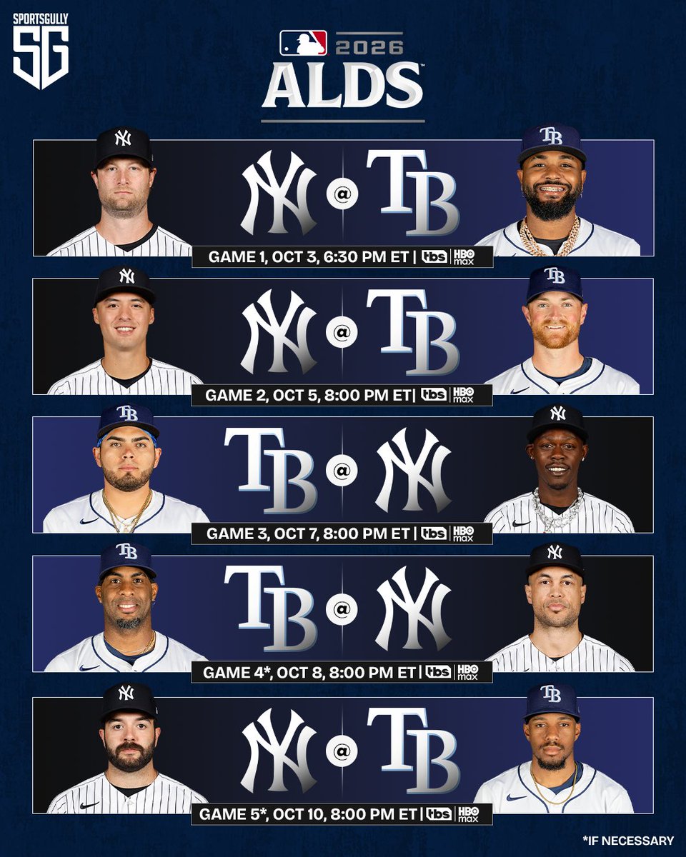 thesportsgully's tweet photo. ALDS - Rays vs Yankees - full series schedule with timings and TV guide. https://t.co/gyCfyX0Csw