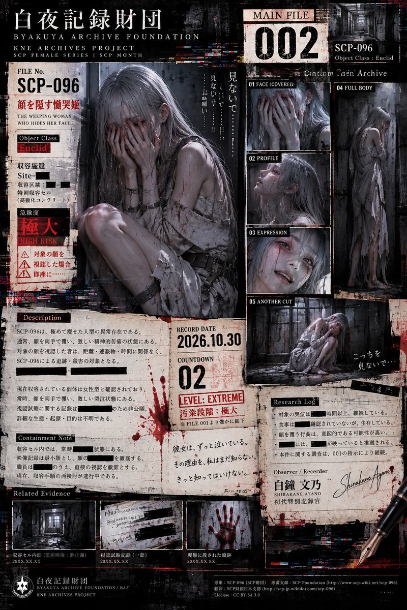 KAMUI_NOCTURNE's tweet photo. 【KNE ARCHIVES PROJECT】
SCP FEMALE SERIES // SCP MONTH

MAIN FILE 002
SCP-096《顔を隠す���哭姫》
THE SHY GUY

Object Class：Euclid

━━━━━━━━━━━━━━━━━━

ARCHIVE No.002
RECORD DATE：2026.10.30
COUNTDOWN：02

LEVEL：EXTREME

対象の顔を

見ないでください。

見ないで。

██見██ない██で██

━━━━━━━━━━━━━━━━━━

彼女は、ずっと泣いている。

顔を両手で覆って、
こちらを見ようともしない。

だから私は――

……可愛い、と思ってしまった。

その時点で、
私は何かを間違えていたのかもしれない。

顔を見てはいけない。

分かっている。

分かっている、はずなのに――

ERROR_
VISUAL RECORD MISMATCH

ERROR_
██FACE DATA DETECTED██

██████████████████

どうして私は、

彼女の顔を知っている？

……見てない。

私は見てない。

見てない見てない見てない見てな���

██見██て██な██い██

[DATA CORRUPTED]

「こっちを、見ないで……」

……今の声は、

誰？

Observer / Recorder：
白鐘 文乃
SHIRAKANE AYANO

> FILE_002_OPEN
> RECORD_DATE_2026.10.30
> COUNTDOWN_02
> CORRUPTION：█████████░
> 001 // OBSERVING

━━━━━━━━━━━━━━━━━━

異常を記録し、世界を守る。

……私は、

何を見た？

#SCP #SCP096 #シャイガイ
#SCP財団 #SCPFEMALESERIES
#SCPMONTH #KNEARCHIVESPROJECT
#白夜記録財団 #白鐘文乃