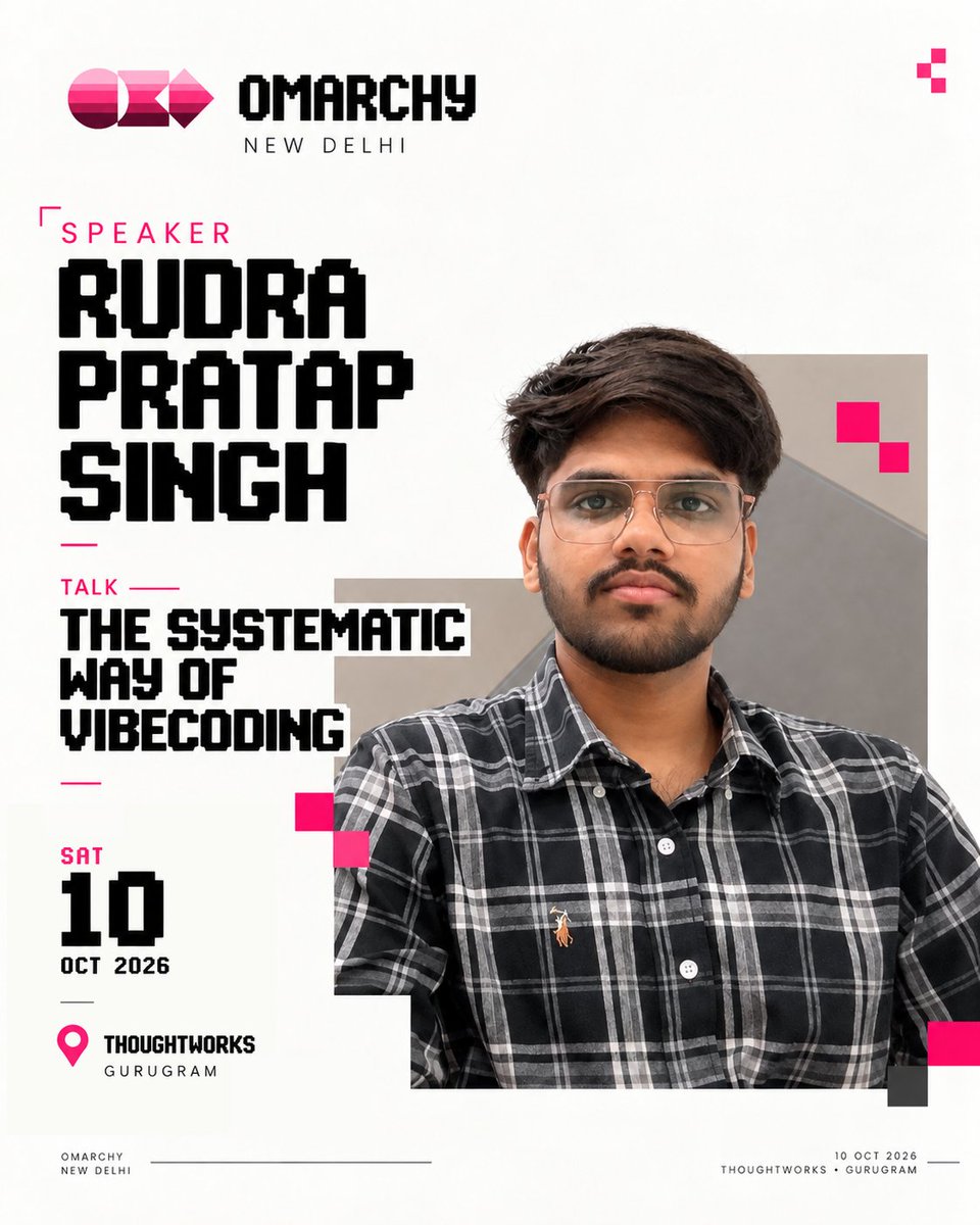 knotichq's tweet photo. Own the machine. Shape the workflow.

Omarchy is a different way of thinking about computing, how you build it, use it, and make it your own.

Join Aryan Jangra &amp; Rudra Pratap Singh at Omarchy New Delhi.

📍 Thoughtworks, Gurugram
📅 10 Oct 2026

@dhh #Omarchy #Linux #Hyprland https://t.co/wh2quchCLa