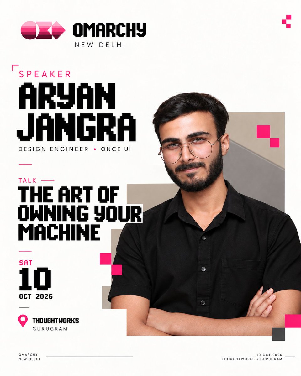 knotichq's tweet photo. Own the machine. Shape the workflow.

Omarchy is a different way of thinking about computing, how you build it, use it, and make it your own.

Join Aryan Jangra &amp; Rudra Pratap Singh at Omarchy New Delhi.

📍 Thoughtworks, Gurugram
📅 10 Oct 2026

@dhh #Omarchy #Linux #Hyprland https://t.co/wh2quchCLa
