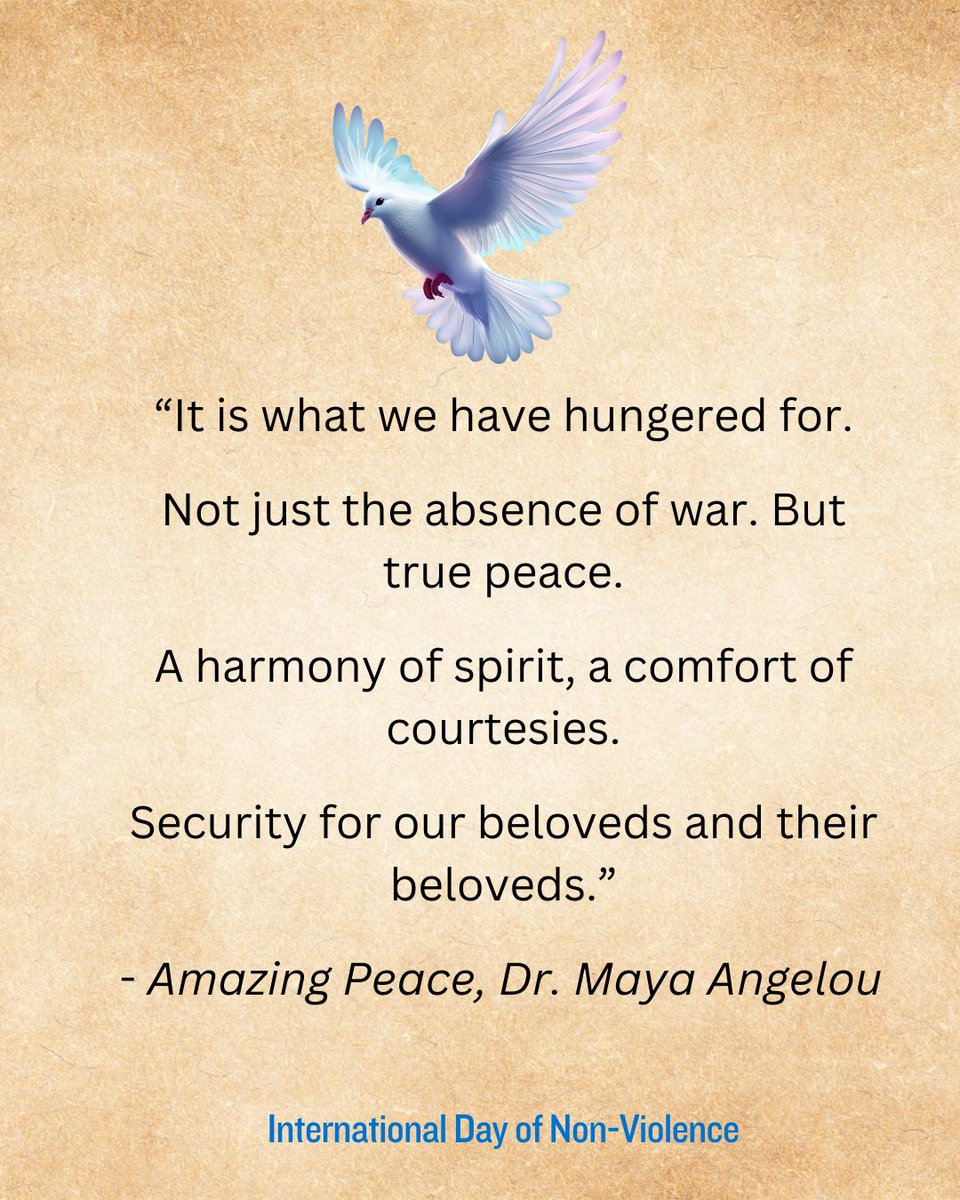 DrMayaAngelou's tweet photo. Dr. Maya Angelou understood that the pursuit of justice requires courage — the courage to speak, organize, listen, and stand for the dignity of others.

On #InternationalDayOfNonViolence, we honor her lifelong commitment to civil rights, justice, and our shared humanity, alongside the enduring legacies of leaders who advanced the movement for justice and equality.

@TheKingCenter #MayaAngelou #MLK #MalcolmX #Nonviolence