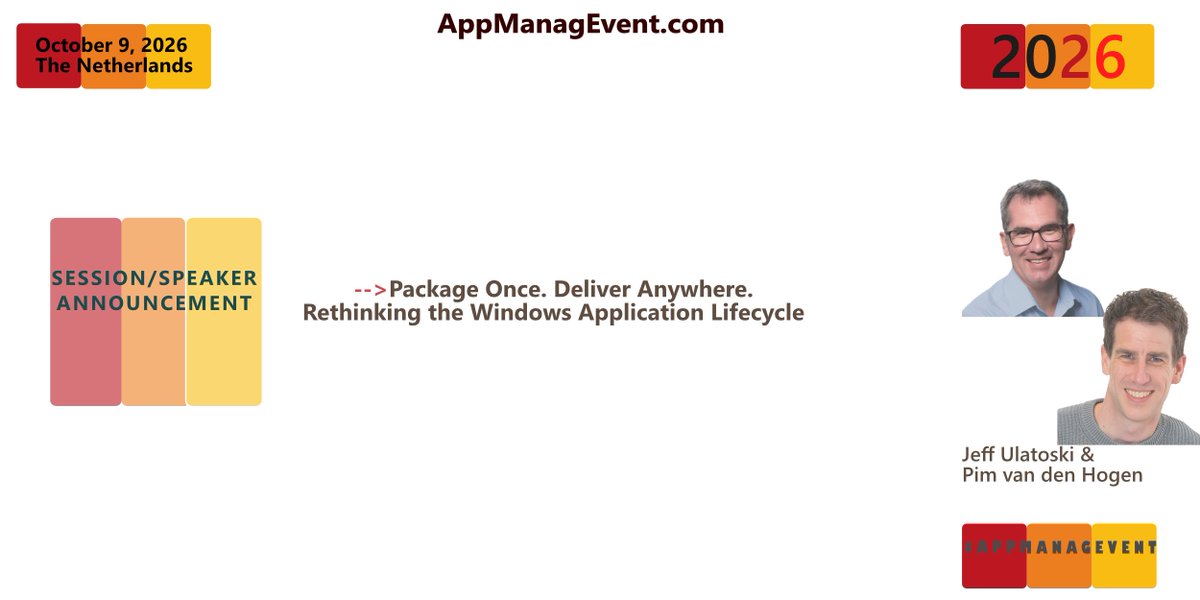 appmanagevent's tweet photo. Package once. Deliver anywhere. 
@JeffUlatoski &amp;  Pim van den Hogen from @weareOmnissa  /  @ITQ rethink the Windows application lifecycle —— independent of the endpoint — at AME2026, Oct 9, Jaarbeurs Utrecht.

#AppManagEvent #WindowsManagement #Omnissa #ITQ https://t.co/JMsVc9gBrN