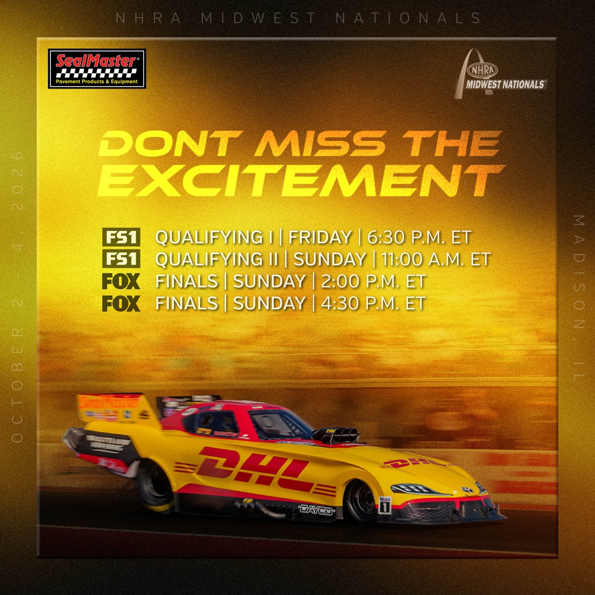 SealMasterNet's tweet photo. @TeamKalitta is bringing the momentum to Madison! 🏁

Watch @Air_Doug, @ShawnLangdon333 &amp; @JRTodd373 battle it out at the #NHRA Midwest Nationals as the Countdown to the Championship continues! #MidwestNats https://t.co/fwFcPaE3ba