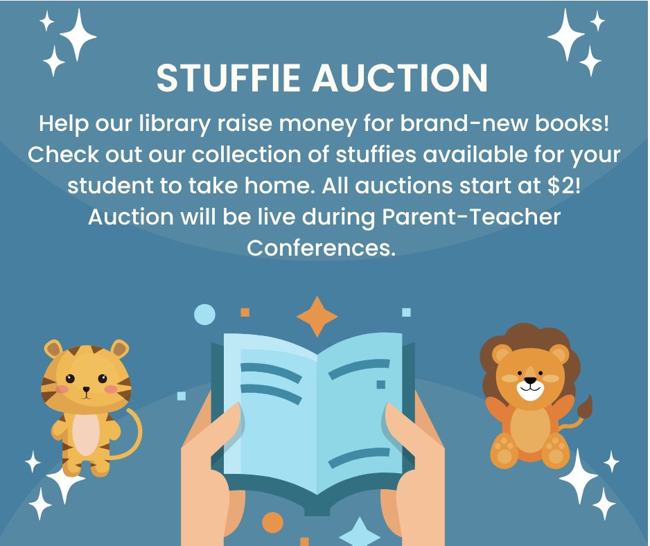NorrisElem's tweet photo. The library is hosting an online stuffie auction during Parent-Teacher Conferences to raise money for new books! Bidding begins on October 7th and is open until October 19th. All donations go straight to the library. More info here - https://t.co/MUBEaLTuxx https://t.co/m4DrzLhrZ4