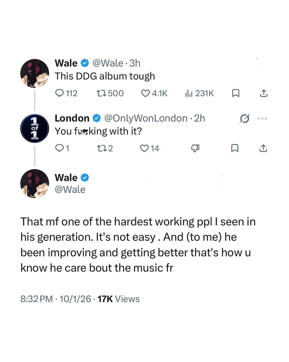 XXL's tweet photo. Hip-hop is feeling DDG's new album, Hit-A-Thon. 🔥🔥🔥 Wale gave the Michigan rapper props for the release, which arrived last Friday.

"This DDG album tough," Wale tweeted yesterday. DDG welcomed the praise. "Appreciate it bro! 💪🏾🔥💯," he replied. Trinidad James also joined in with the compliments. "Thanks for saying this," he wrote to Wale.

Wale also said he's noticed DDG's artistry improving. "That mf one of the hardest working pple I seen in his generation," he wrote in response to a fan. "It's not easy . And (to me) he been improving and getting better that's how u know he care bout the music fr."

The 15-track album is a culmination of DDG's streaming series in which he creates an album from scratch while livestreaming the process. Lil Yachty, 42 Dugg, Babyfxce E, OMB Peezy, Ian, Pluto, Real Boston Richey and more are featured on the effort. One of the standout tracks is "Round & Round" featuring 42 Dugg, Pluto, Bankroll Ni and SMJ and produced by K6WYA, Kutta Beatz and Squat.