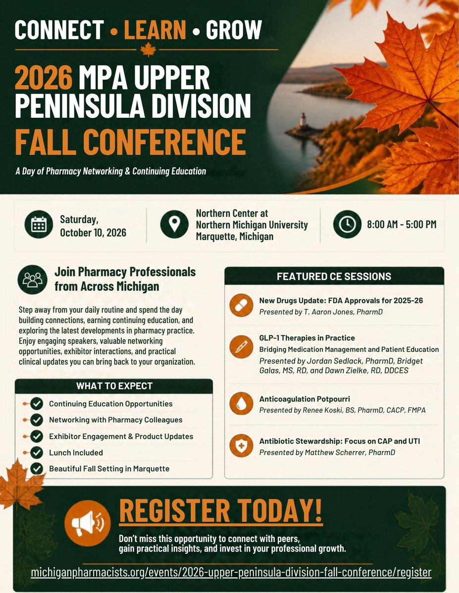 MIPharmacists's tweet photo. One week left until the MPA Upper Peninsula Division Fall Conference in Marquette! Register now at https://t.co/Ib3R5rxkJL. MPA has negotiated room rates for conference attendees at the Staybridge Suites (https://t.co/9pjnCIIfbu) and Superior Stay (https://t.co/myaUFDJ2xM). https://t.co/DryrTB4Wux