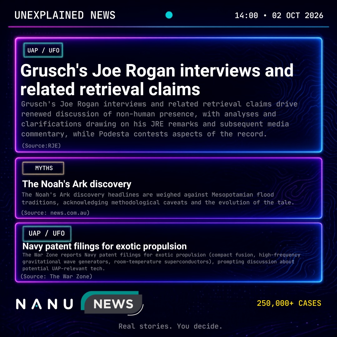 Nanu_App's tweet photo. Unexplained News — 14:00 • 02 Oct 2026

Grusch’s Joe Rogan interviews have retrieval claims back in circulation, and Podesta is contesting parts of the record. Noah’s Ark headlines are being weighed against older flood traditions. Navy patent filings for exotic propulsion are being read, again, as possible UAP-adjacent tech.

250,000+ cases.

Real stories. You decide.

#NanuNews #UAP #UFO #Myths #Unexplained