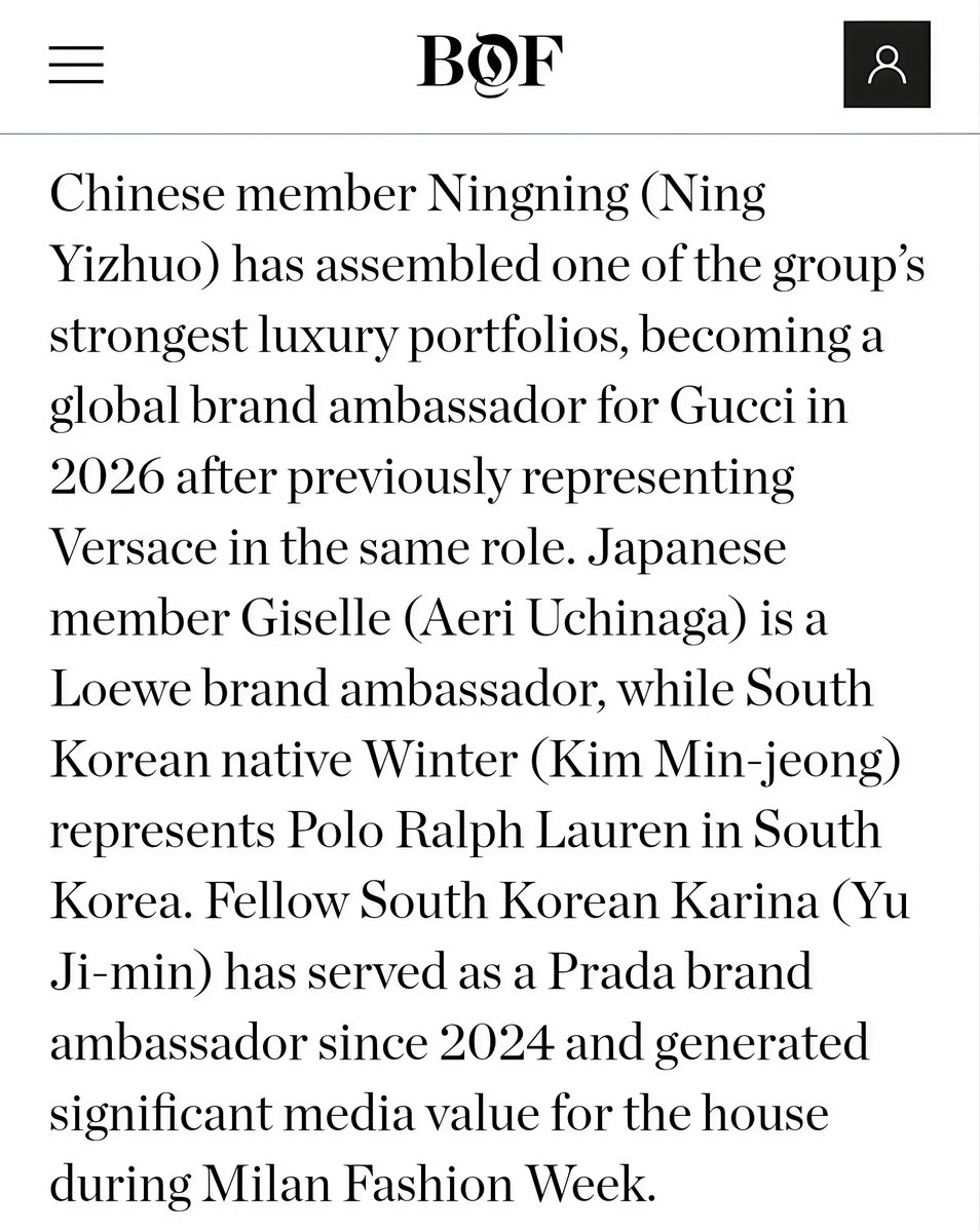 nnyizqrls's tweet photo. aespa is officially part of the BoF 500 Class of 2026!

BoF highlights #NINGNING as having “assembled one of the group’s strongest luxury portfolios” after becoming Gucci’s GBA this year.

From Versace to Gucci, her global fashion impact is insane. So proud! https://t.co/ZXQyremKml