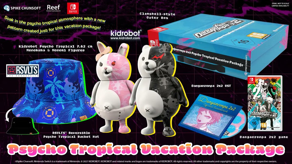 Reef_Games's tweet photo. Double the Despair is back! 🔪🌴

The Danganronpa 2x2 Limited Edition is fully restocked across our UK &amp; EU online stores!

Grab the Psycho Tropical Vacation Package while stocks last.

🛒: UK: https://t.co/bcRoXDKner
🛒: EU: https://t.co/6k3CiCMSqn https://t.co/aQbXCE3MPB