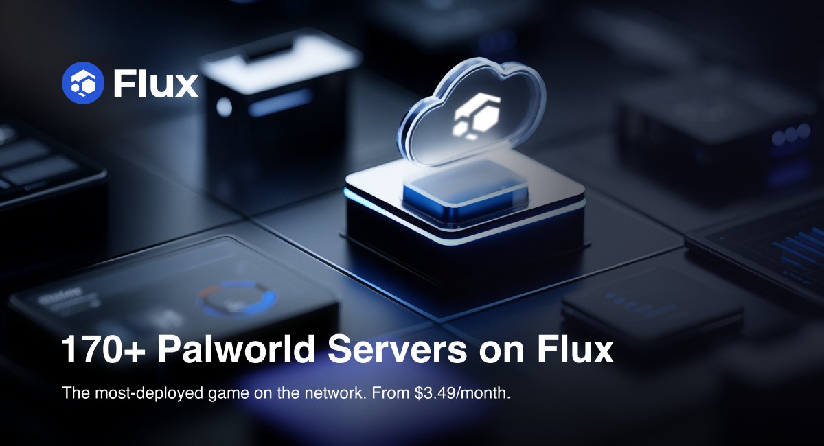 RunOnFlux's tweet photo. 170+ Palworld servers are running on Flux right now.

It's the most-deployed game on the network.

Up to 32 players, full crossplay for 1.0, live in under 30 seconds. From $3.49/month, first week free. https://t.co/NbS7QXeR20