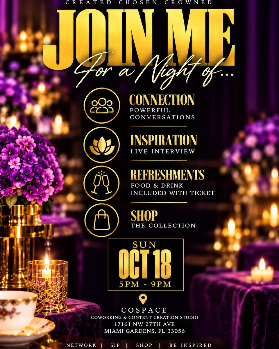 ItsEmpressRaw's tweet photo. 🚨 SAVE THE DATE 👑💜

Created Chosen Crowned is OFFICIALLY LAUNCHING! ✨

Join me for a night of connection, inspiration, refreshments &amp; shopping.

📅 Sun. Oct. 18 | 5–9 PM
📍 CoSpace | Miami Gardens
🎟️ Tickets on sale MONDAY!

Share with someone who needs a Necessary Reset. 👑 https://t.co/tOKLto4qmz