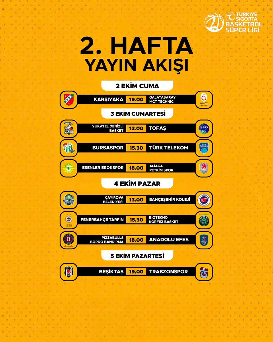 tod_tr's tweet photo. 🏀 Türkiye Sigorta Basketbol Süper Ligi’nde 2. haftanın programı! 🗓️
Birbirinden heyecanlı karşılaşmalar, nefes kesen mücadeleler ve kaçırmak istemeyeceğiniz maçlar TOD'da! 💛
#TOD #TODTürkiye #Fikstür https://t.co/6fpVveQv6L