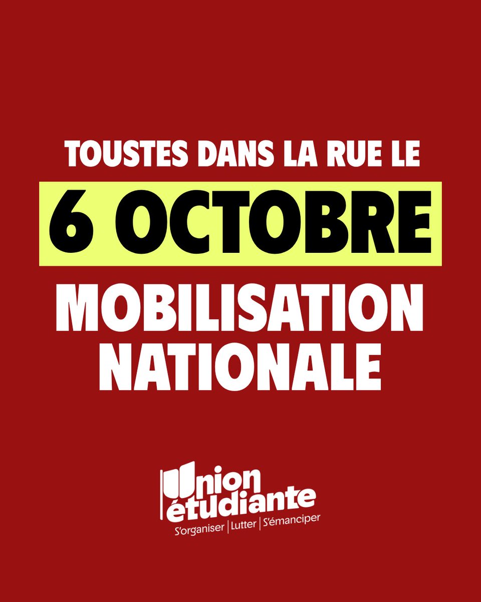 lunionpopulaire's tweet photo. 🔴 Alors que le mouvement touche désormais les universités, plusieurs syndicats appellent à se mobiliser mardi 6 octobre aux côtés des lycéens et étudiants.

👉 la CGT
👉 la FSU
👉 l’Union syndicale Solidaires
👉 la fédération Force Ouvrière de l'enseignement https://t.co/E4r7K1C8AZ