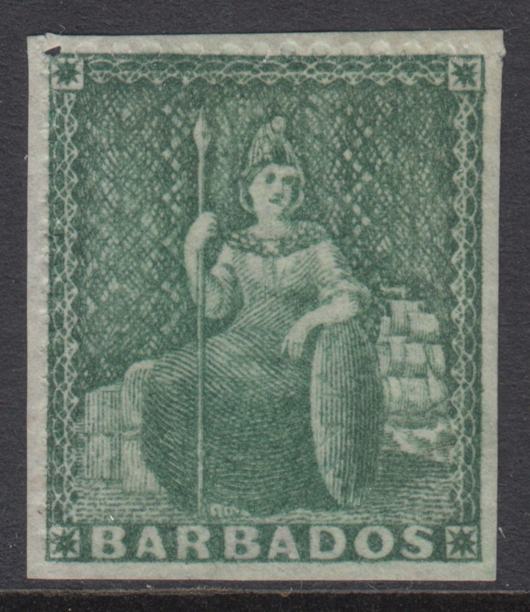 BarbadosStamps's tweet photo. Almost the weekend and time for a classic #Barbados stamp, this time the rough perf SG20. Look closely and you can see the disc shaped indentations on the left and top margins where the perforations failed. Classic rough perf. #philately https://t.co/uzRlVRr6Ck