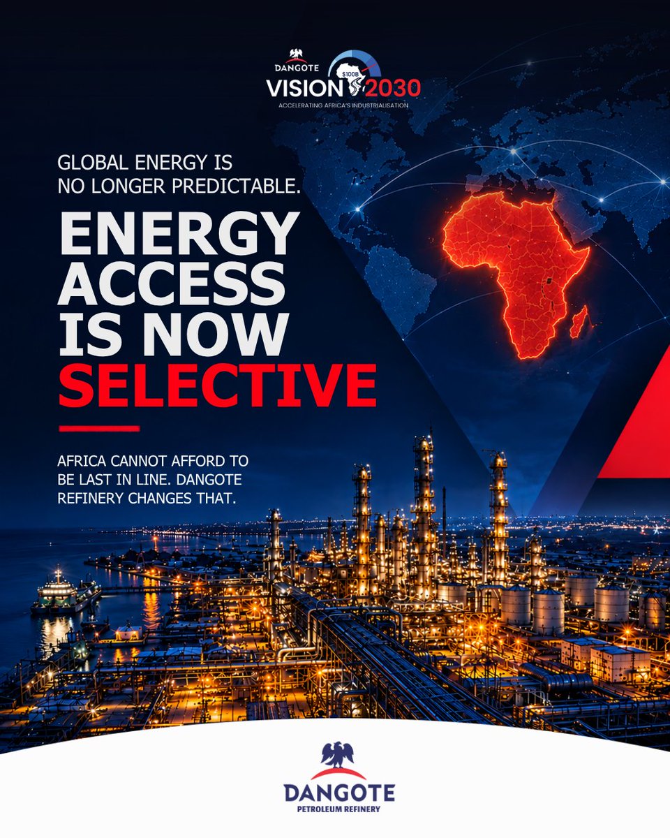 DangoteGroup's tweet photo. Global energy is no longer predictable.

Supply is being prioritised.

Africa cannot afford to be last in line.

Dangote Refinery changes that.

 #EnergySecurity #DangoteRefinery #AfricaFirst #GlobalEnergy #SupplyChains https://t.co/Dbj05Ui70V