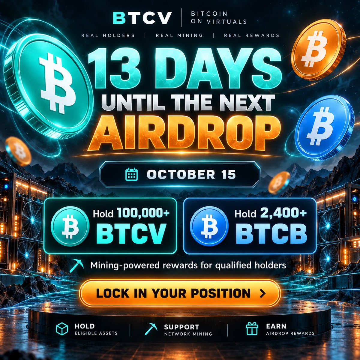 BTC_On_Virtuals's tweet photo. 🚨 13 DAYS UNTIL THE NEXT base:0x89c202e98f41cdeb7b397e35a0882315d2ffc8de AIRDROP 🚨

October 15 is getting closer.

✅ Hold 100,000+ $BTCV 
✅ Hold 2,400+ base:0x0c41f1fc9022feb69af6dc666abfe73c9ffda7ce 
✅ One qualifying position can keep you eligible for future mining-powered airdrops

bitcoin:native Bitcoin mining → ecosystem revenue → holder rewards. ⛏️₿

If you’ve been watching from the sidelines, now’s the time to get positioned.

$BTCV 🤝 $BTCB

#Bitcoin #Base #Crypto #Airdrop