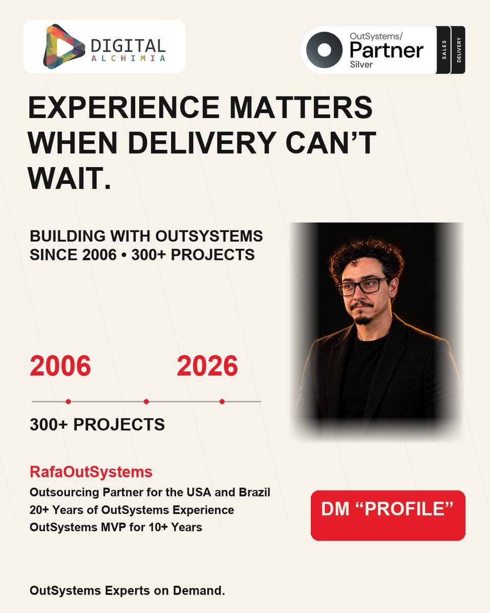 rafaoutsystems's tweet photo. EXPERIENCE MATTERS WHEN DELIVERY CAN’T WAIT.
Building with OutSystems since 2006.
DM me PROFILE.
#OutSystems #DigitalAlchimia https://t.co/UtJBvp9mnz