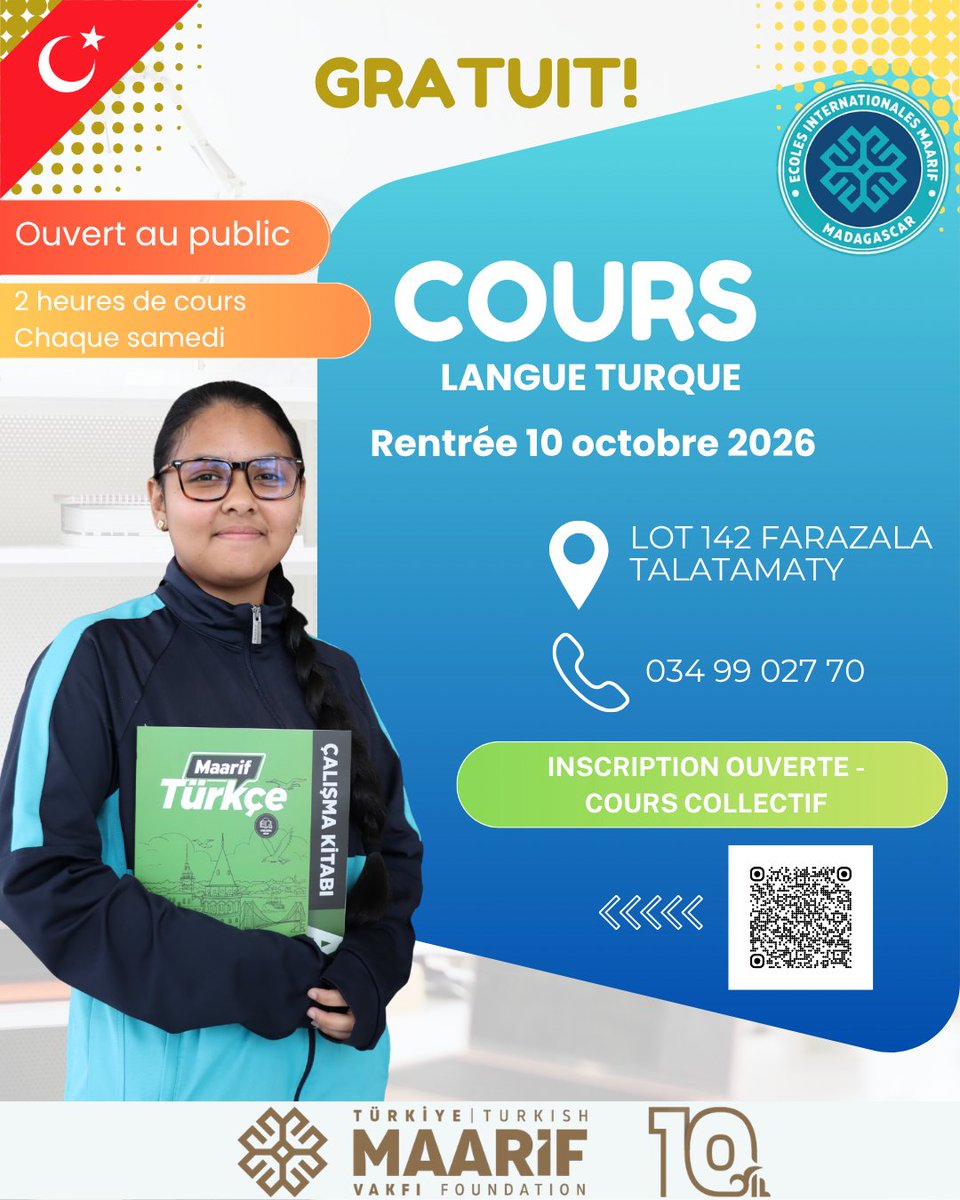 maarifMG's tweet photo. 🎉 Les inscriptions à nos cours de turc gratuits sont ouvertes !

📚 Niveaux : A1 • A2 • B1 • B2 🗓️ Tous les samedis 🆓 Formation 100 % gratuite 📅 Rentrée : 10 octobre 2026 💻 Inscriptions uniquement en ligne
👉 Inscrivez-vous ici : https://t.co/rbaJaDvn6h https://t.co/LgLIsQLqex