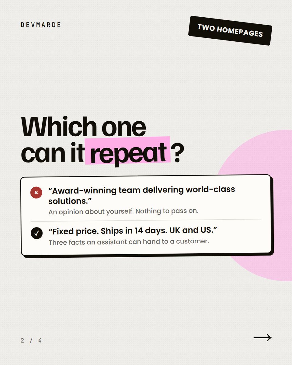 DevMarDe's tweet photo. AI can't quote a vibe.

"Award-winning team delivering world-class solutions" — unquotable.

"Fixed price, ships in 14 days" — quotable.

Go read your homepage and count the actual facts on it. https://t.co/BVnq5A1pj1