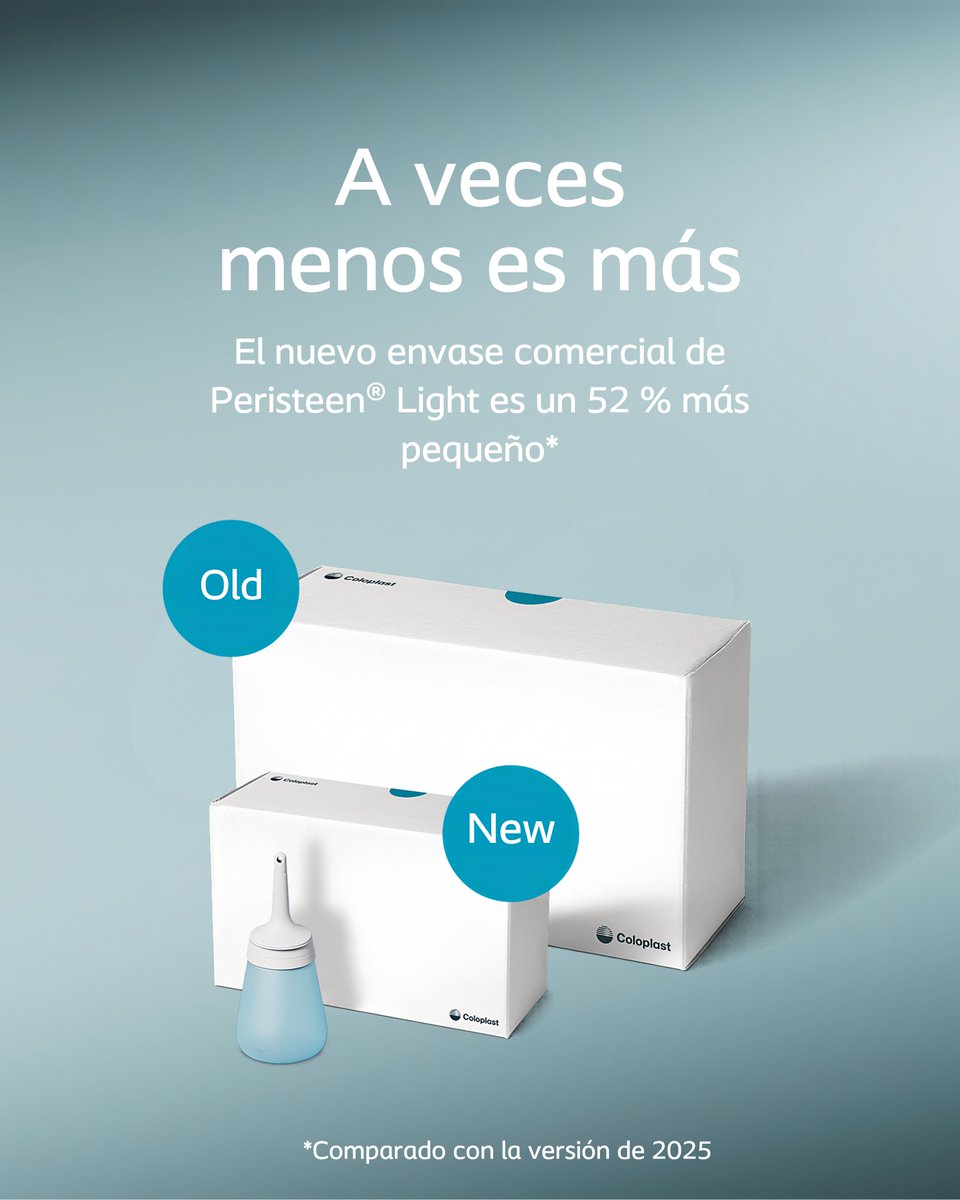 ColoplastCC's tweet photo. Descubre el nuevo envase de Peristeen® Light💙

Ahora, el envoltorio individual de las sondas ocupa un 39 % menos de espacio y el envase comercial se ha reducido en un 52 % respecto a la versión de 2025📦✨🌱 https://t.co/I5PaJzAlbN