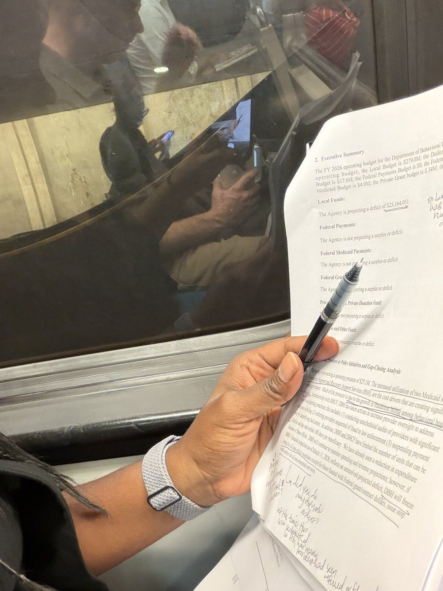 chenderson's tweet photo. Hearing prep during this morning’s commute via metro. This morning, at 9:30am, the Committee on Health will hold an oversight roundtable on financial challenges at the Dept. of Behavioral Health. https://t.co/f9TrGTK76m