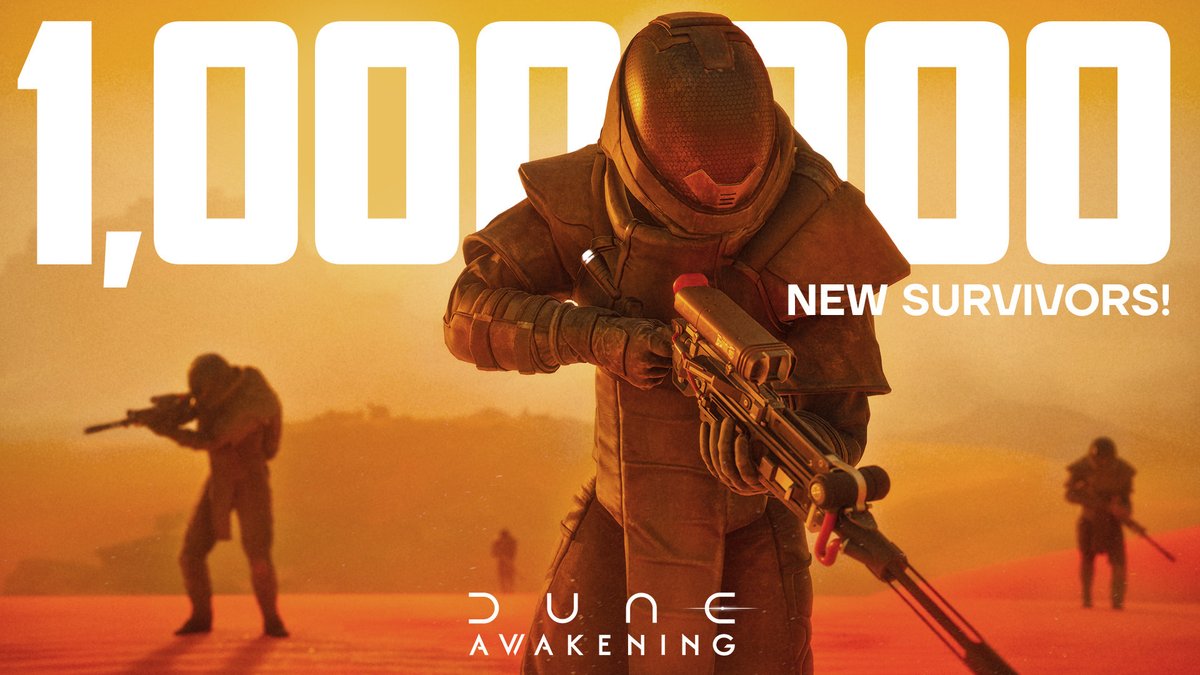 DuneAwakening's tweet photo. 1 MILLION NEW SURVIVORS!

Since the console release a new wave of survivors have made Arrakis their new home. From the team here at Funcom, thank you for being part of this journey!

We're now available on PS5 and XBOX. And remember! We're 50% off on Steam until October 8! https://t.co/DA0KKSjtNo