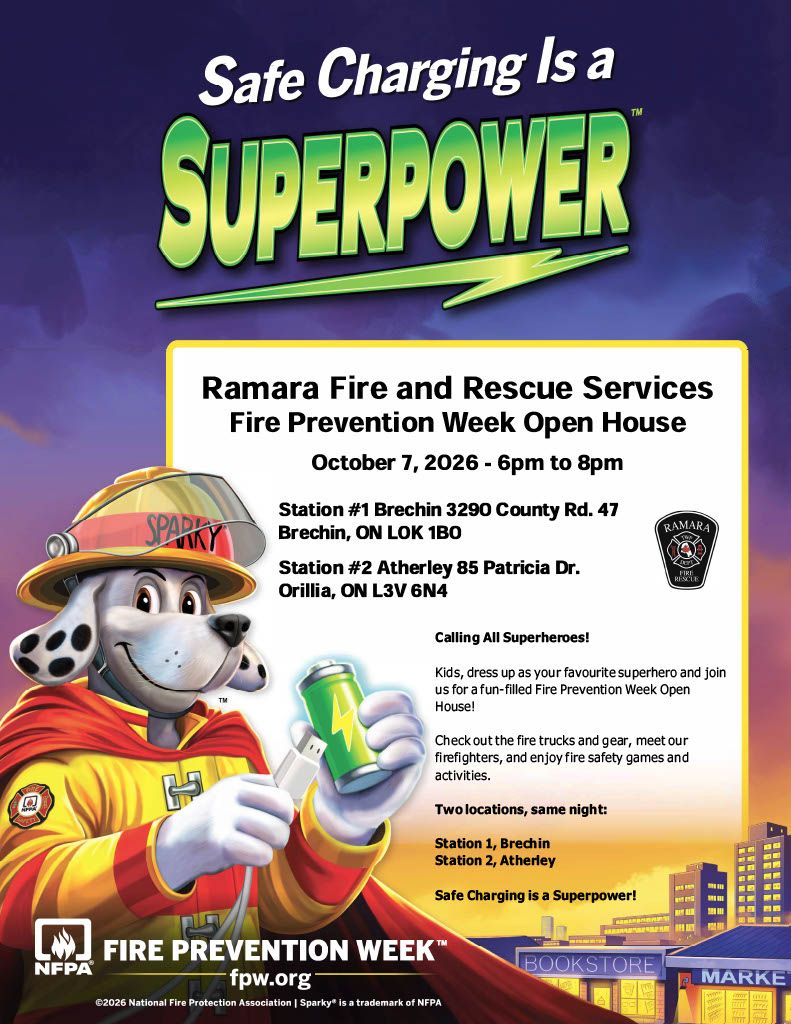 ramarafire's tweet photo. 🚒 Fire Prevention Week is October 4-10! 🚒

Join Ramara Fire &amp; Rescue Services for our Fire Prevention Week Open House on October 7 from 6:00 to 8:00 p.m. at Station 1 (Brechin) and Station 2 (Atherley).

#FirePreventionWeek #SafeChargingIsASuperpower #RamaraFire #FireSafety https://t.co/K5NUpKMGxc