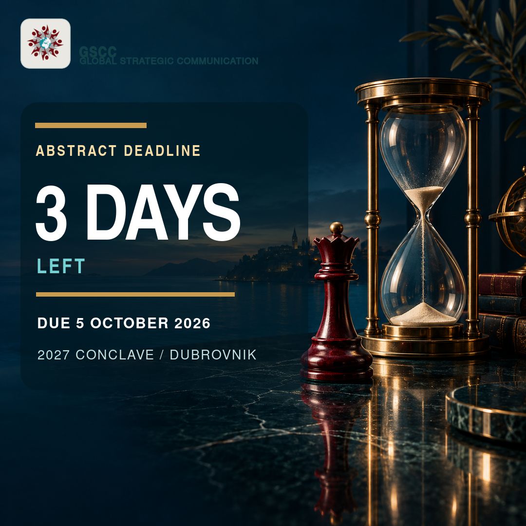 GlobalStratComm's tweet photo. 3 days left to submit to the 2027 GSCC Conclave. Turn your Power Play idea into an interactive discussion of strategic communication, ethics, and future implications. Deadline: 5 October. Members: see your newsletter. #GSCC https://t.co/OQScl1tYAc