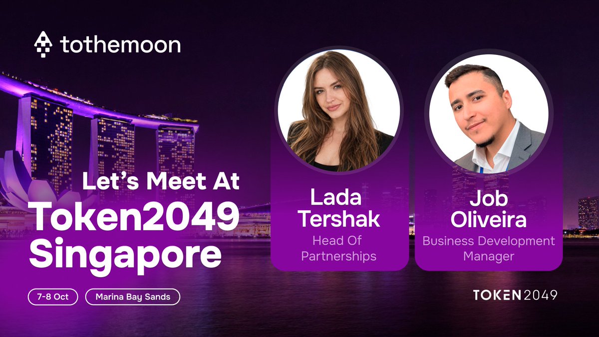 2themoon_global's tweet photo. Heading to TOKEN2049 Singapore? Let's meet ๐
๐
Oct 7โ8 ยท Marina Bay Sands
Catch Lada Tershak (Head of Partnerships) and Job Oliveira (BD Manager) to talk crypto payments for your business ๐
#TOKEN2049 #Singapore #CryptoPayments #Tothemoon https://t.co/7TyeInxGG2