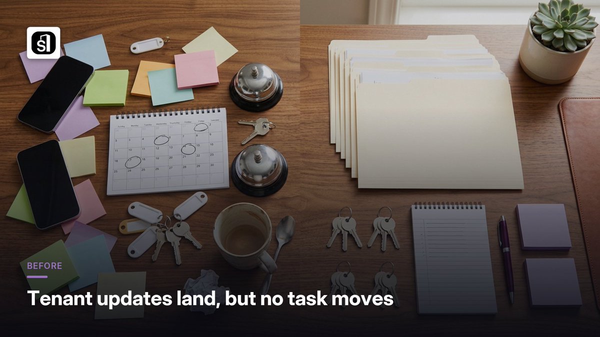 simplimgmt's tweet photo. Friday at 4:30: the tenant reply, task list, and reminder all show different lease statuses. That’s where handoffs slip. With Simpli, leasing, rent collection, and work orders run online in one portal, so teams stop chasing status and start seeing risk sooner. Book a Demo https://t.co/4iP9lLMUpk
