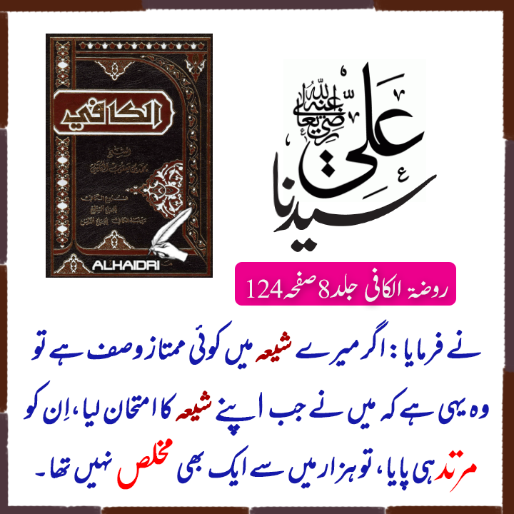 Alhaidri_1's tweet photo. 🚩سید نا علی رضی اللہ عنہ نے فرمایا: اگر میرے شیعہ میں کوئی ممتاز وصف ہےتو وہ یہی ہے کہ  میں نے جب اپنے شیعہ کا امتحان لیا،اِن کو مرتدہی پایا،تو ہزار میں سے ایک بھی مخلص نہیں تھا۔ روضۃ الکافی جلد صفحہ124 https://t.co/KbpfnpK5Q2