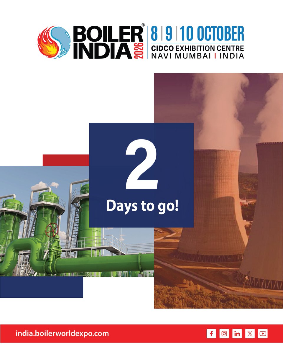 boilerworldexpo's tweet photo. 2 days to go for Boiler India 2026!
Pre-registration is mandatory to attend.
Register to visit from the link: https://t.co/vakpGTRTte
#boilerindia #bi26 #boiler #manufacturing #conference #tradeshow #exhibition #events #sustainability #growth https://t.co/C2Imd42KNU