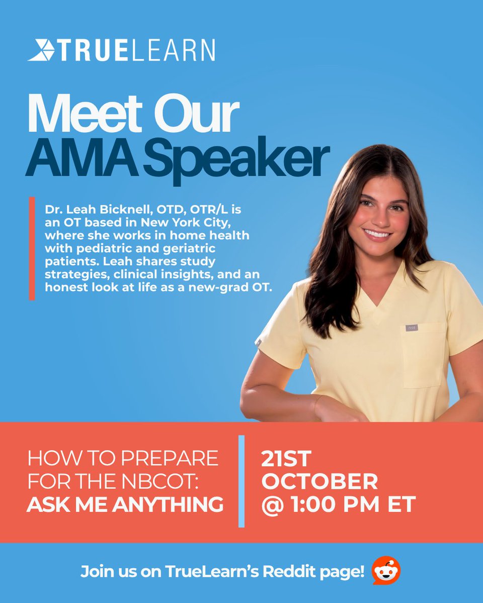 TrueLearnLLC's tweet photo. Studying for the NBCOT and not sure where to start, or how to tell if you're ready? Bring your questions to Dr. Leah Bicknell, OTD, OTR/L, on Wednesday, October 21st from 1-2pm ET. She'll be answering live on TrueLearn's Reddit page.

Join us: https://t.co/UOJHVG4CcY #AMA #NBCOT https://t.co/NEecXJ8rnp