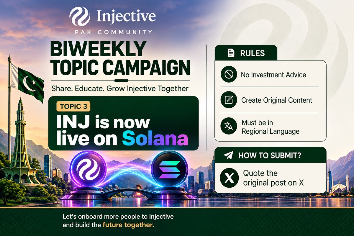 InjectivePak's tweet photo. Injective Pak Biweekly Topic Campaign Topic #3

“INJ is now live on Solana” 

Aapka task hai ke Roman Urdu mein original, simple aur easy to understand content create karein jisme explain kiya jaye ke $INJ ka Solana par live hone ki kya importance hai.

Aap apne content mein explain kar sakte hain,

• Solana aur Injective ke beech ye integration users ke liye kya opportunities create karti hai?

• Ye integration Injective ki liquidity, accessibility aur ecosystem growth ko kaise support kar sakti hai?

• Developers aur users ke liye cross chain connectivity kyun important hai?

• Beginners ke liye simple words mein explain karein ke Injective + Solana ka integration kya importance rakhti hai.

Maqsad ye hai ke jo banda Injective ya Solana ke bare mein zyada nahi janta, woh bhi aapka content parh kar samajh sake ke $INJ ka Solana par live hona kyun important development hai.

Note
→ Content original hona chahiye
→ Content regional language mein hona zaroori hai
→ No Investment Advice
Educational aur informative content ko priority di jayegi.

How to Participate?
Apna content X par post karein aur original campaign post ko Quote karke apni submission comment me share karein.

Rewards:
Top 1: 2.5 INJ
Top 2: 1.5 INJ
Top 3: 1 INJ

Deadline: 16th October