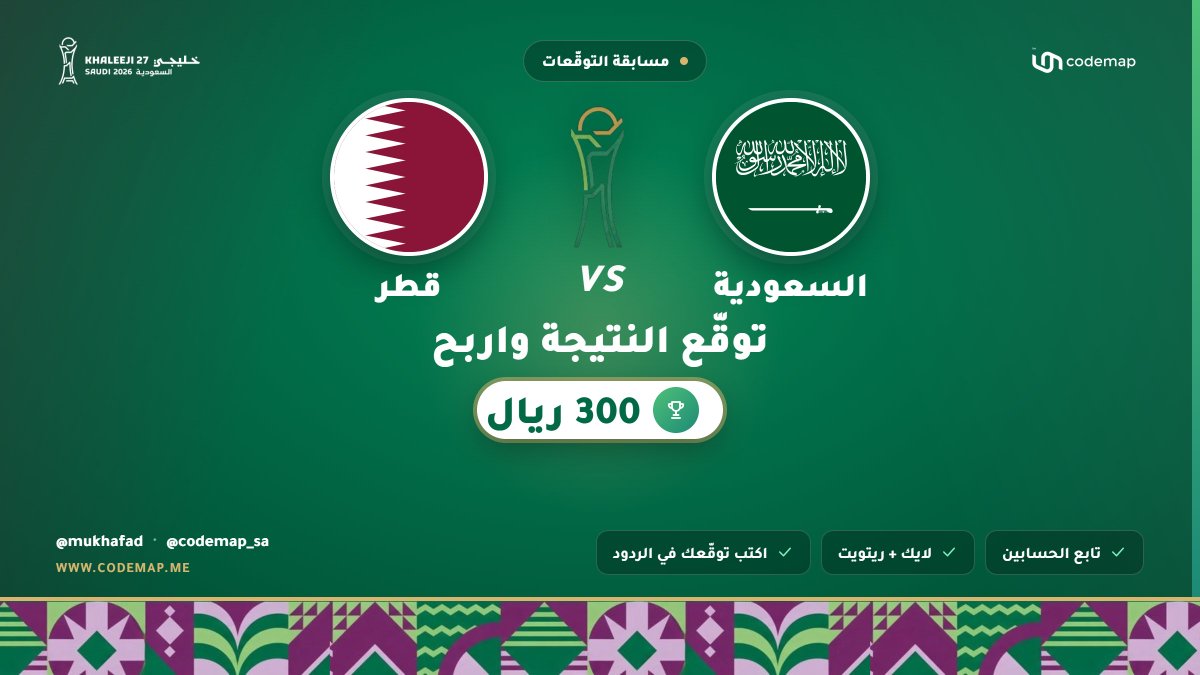 CodeMap_SA's tweet photo. 🔥 الأخضر🇸🇦 قدّام قطر🇶🇦… والتوقع هالمرة بـ300 ريال! 

توقّع النتيجة الصحيحة وادخل السحب على 300 ريال 💰🏆
شروط المشاركة:
✅ تابع @CodeMap_SA و @mukhafad
❤️ لايك + رتويت
💬 اكتب توقعك في الردود

⏱️ يقفل التوقع مع صافرة البداية، وبعد المباراة يتم السحب بين أصحاب التوقع الصحيح المستوفين للشروط.

يلا نشوف المحللين 👀⚽
كم النتيجة؟ 👇
#السعودية_قطر #خليجي27 #كودماب