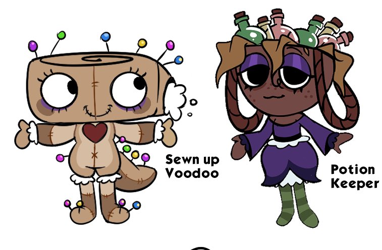 v0idoll's tweet photo. Shelly and Bassie Halloween skin concept! 
I wanted to emphasize on the sewing hobby Shelly has, I was thinking “what if she becomes self conscious and ends up sewing her outfit into her own skin” 
#dandysworldart #toonsfright https://t.co/PQwVdaoZrq