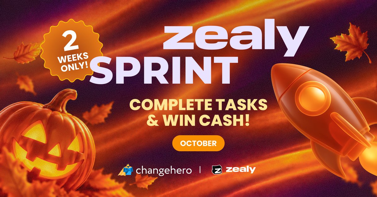 Changehero_io's tweet photo. October Zealy Sprint is live 🎃

Do simple tasks, earn XP, get paid for being active. The top 10 split a $150 pool, and the leaderboard resets to zero today.

📅 October 2-16

The more XP you earn, the bigger your share. Let's go! 🏆
https://t.co/zJ6dQTgIwn https://t.co/DSCThKCYiL