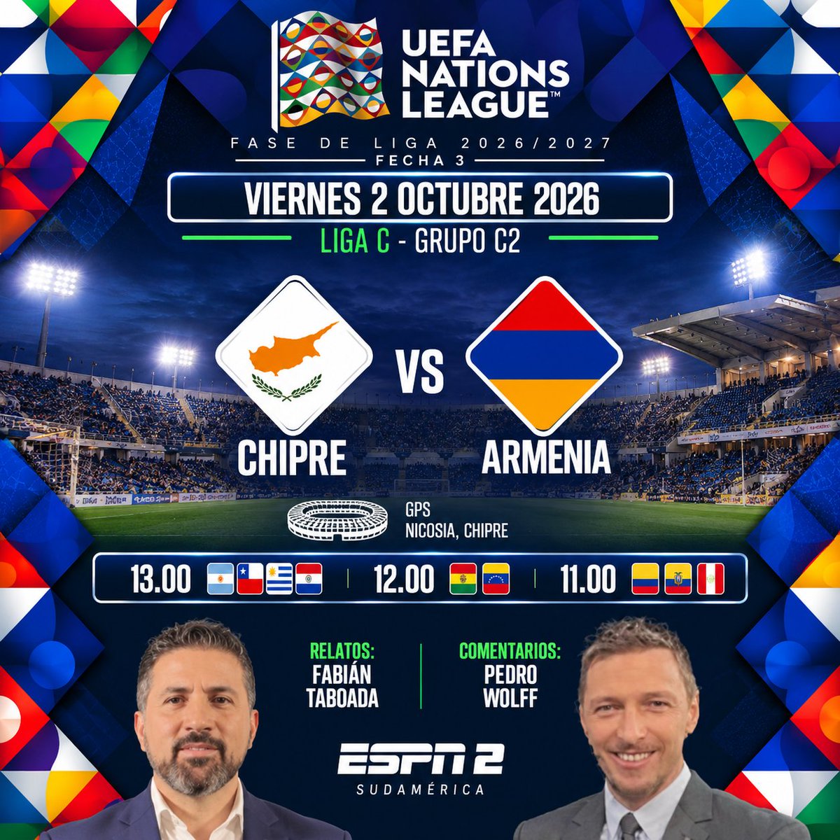 Laguadeportiva1's tweet photo. #UNL | #Chipre 🇨🇾🇦🇲 #Armenia
Relatos: @FabiTaboadaok 
Comentarios: @WolffPedro 
🖥️ #ESPN2 Sudamérica 
📱💻 @disneyplusla 
#NATIONSLEAGUExESPN - #disneyplus
🔃❤️ https://t.co/Ldlrtz6HwY