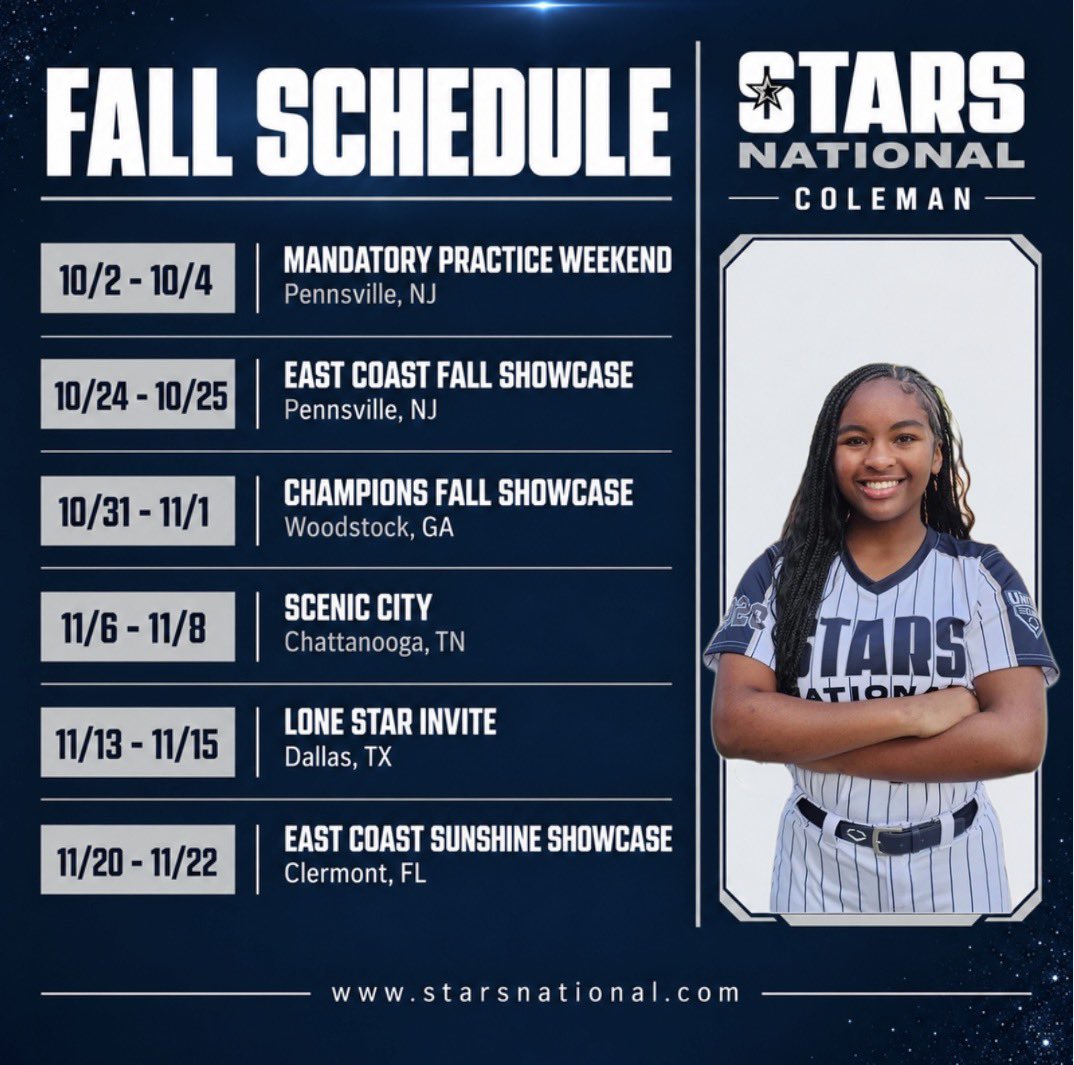 TaylorLeech2028's tweet photo. Fall Schedule! can’t wait to get back on the field with my teammates!
@StarsNatColeman @starsnationalfp @_coachrachel @CompleteGame https://t.co/9LLUsdXZ6G