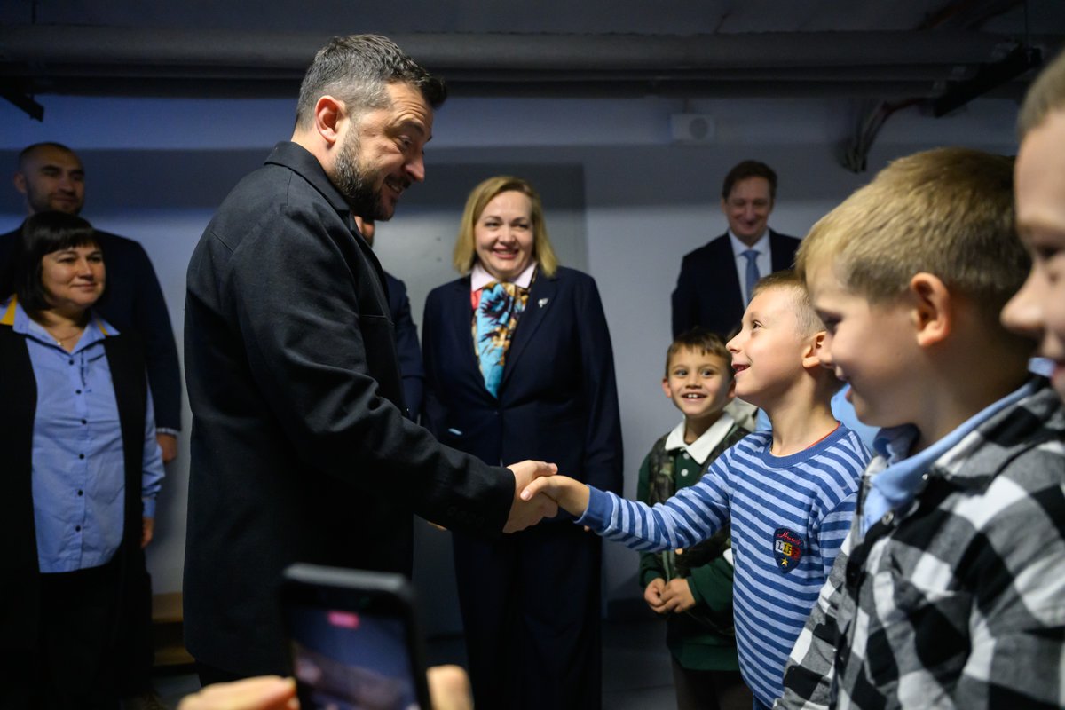 ZelenskyyUa's tweet photo. Today, I visited one of our lyceums. I spoke with the children about their studies, their interests, and their dreams. For me, these are always very special and warm meetings. It is nice to see children having the opportunity to study in person, spend time with one another, have direct contact with their teachers, play, and develop. I thank children for their love for our country, and their parents and teachers for raising them so well. We are doing everything to make the greatest dream of children – and of all of us adults – come true as soon as possible: to achieve peace. And it will definitely happen. Glory to Ukraine!