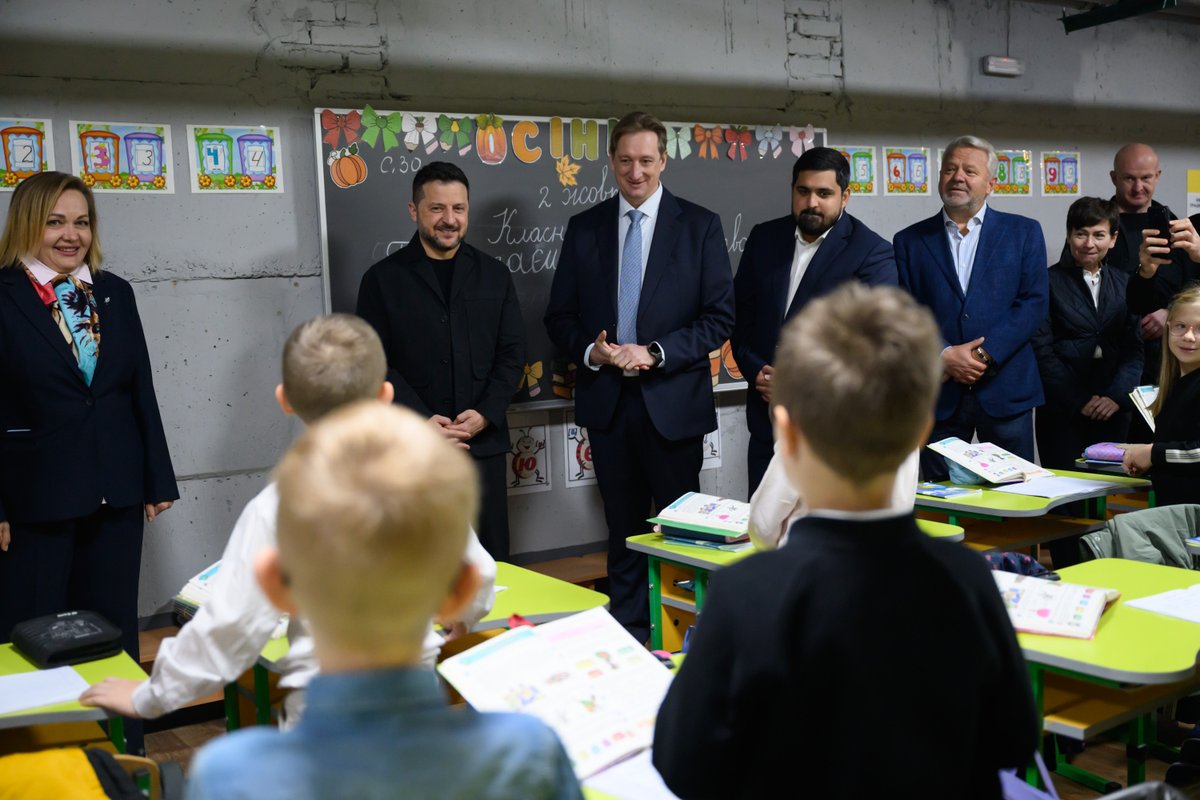 ZelenskyyUa's tweet photo. Today, I visited one of our lyceums. I spoke with the children about their studies, their interests, and their dreams. For me, these are always very special and warm meetings. It is nice to see children having the opportunity to study in person, spend time with one another, have direct contact with their teachers, play, and develop. I thank children for their love for our country, and their parents and teachers for raising them so well. We are doing everything to make the greatest dream of children – and of all of us adults – come true as soon as possible: to achieve peace. And it will definitely happen. Glory to Ukraine!