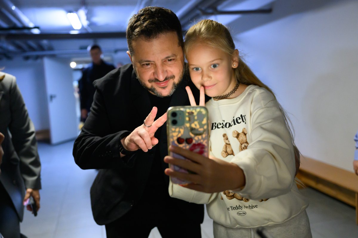 ZelenskyyUa's tweet photo. Today, I visited one of our lyceums. I spoke with the children about their studies, their interests, and their dreams. For me, these are always very special and warm meetings. It is nice to see children having the opportunity to study in person, spend time with one another, have direct contact with their teachers, play, and develop. I thank children for their love for our country, and their parents and teachers for raising them so well. We are doing everything to make the greatest dream of children – and of all of us adults – come true as soon as possible: to achieve peace. And it will definitely happen. Glory to Ukraine!