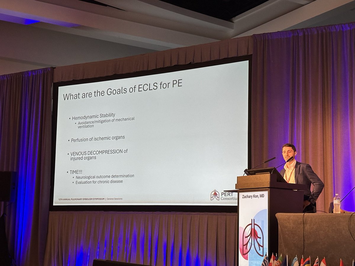 PERTConsortium's tweet photo. An insightful talk by Dr. Zachary Kon highlighting #ECMO strategies and the goals of #ECLS in patients with category E #PE
1️⃣ Hemodynamic stability
2️⃣ Perfusion of ischemic organs
3️⃣ Venous decompression of injured organs
4️⃣ Neurological outcome determination
5️⃣ Evaluation for chronic disease
#PERT2026