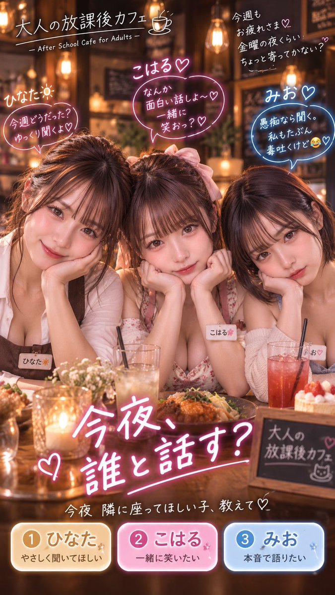 houkago_cafe's tweet photo. 今週もお疲れさま
金曜の夜くらい、ちょっと寄ってかない？

いまお席空いてまーす😊
誰の隣り座りたい？こっそり教えて^_^

#AI美女 #Aiart https://t.co/Yijk1LlFWh