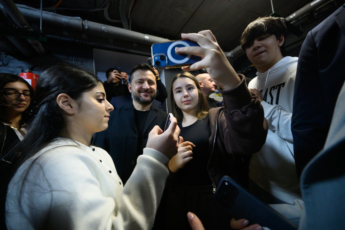ZelenskyyUa's tweet photo. Today, I visited one of our lyceums. I spoke with the children about their studies, their interests, and their dreams. For me, these are always very special and warm meetings. It is nice to see children having the opportunity to study in person, spend time with one another, have direct contact with their teachers, play, and develop. I thank children for their love for our country, and their parents and teachers for raising them so well. We are doing everything to make the greatest dream of children – and of all of us adults – come true as soon as possible: to achieve peace. And it will definitely happen. Glory to Ukraine!