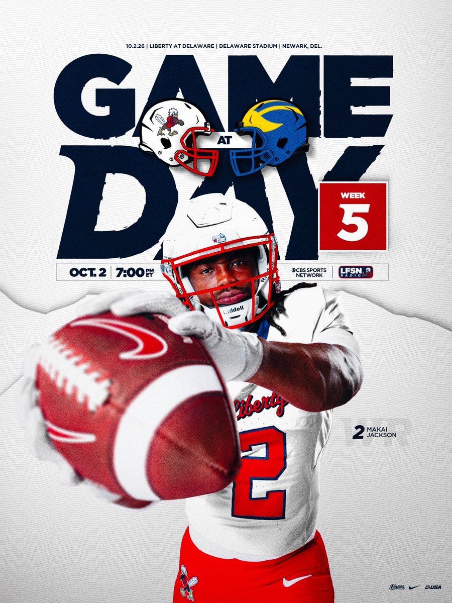 LibertyFootball's tweet photo. A Night in Newark ⭐️
🆚 University of Delaware 
⏰ 7:00 PM ET
🏟️ Tubby Raymond Field.
📺 @CBSSportsNet 
📻 @LFSNRadio https://t.co/O6voqidjGn